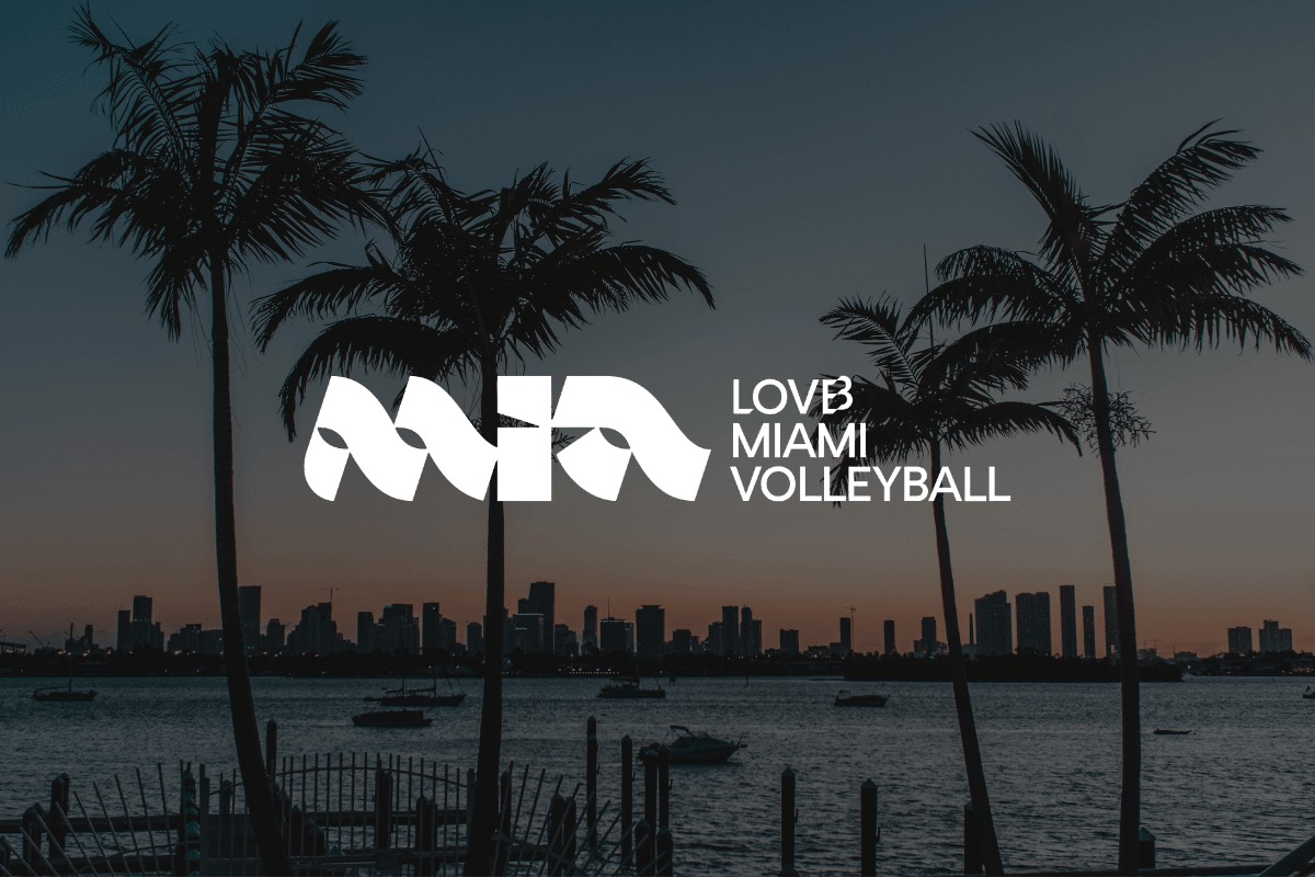 LOVB Miami Volleyball over the Miami skyline at dusk